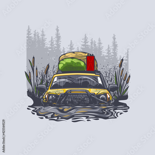 Yellow off-road car got stuck in a swamp with luggage on the roof.
