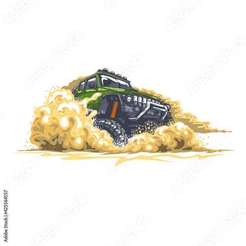 Green offroad car driving through obstacles in the desert with sand and dust.