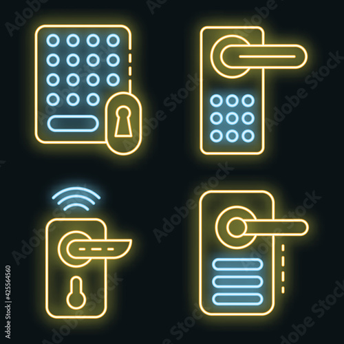 Wireless door lock icons set. Outline set of wireless door lock vector icons neon color on black