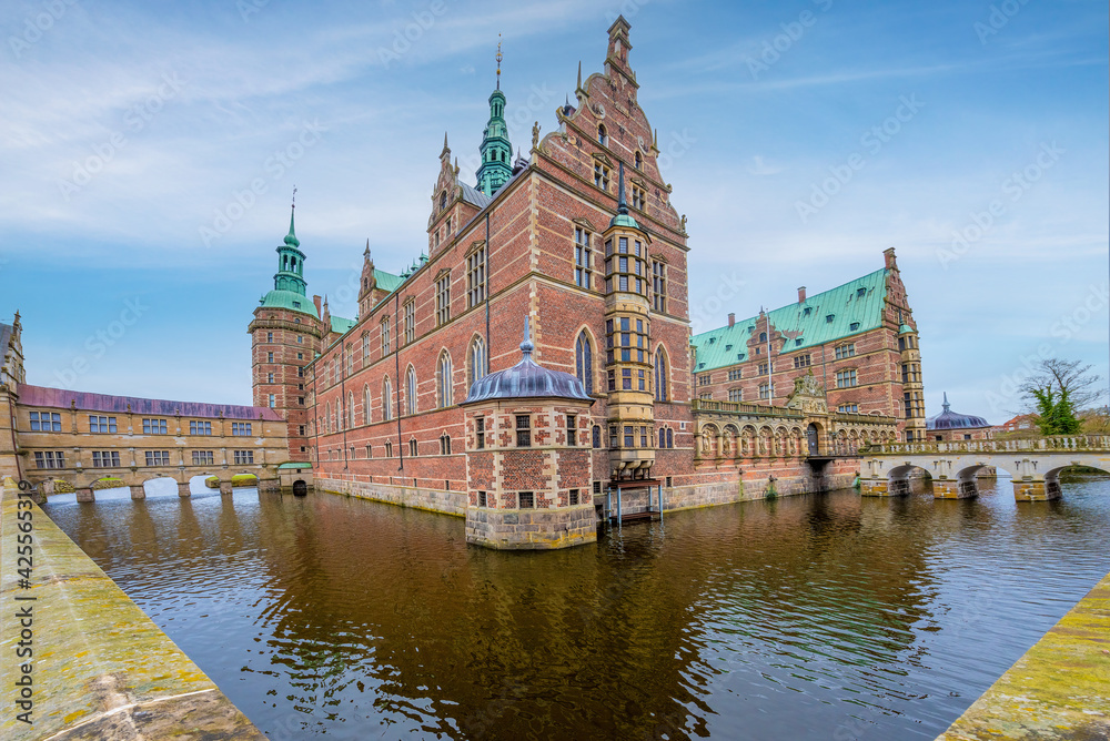 Hillerod, Denmark; April 4, 2021 - Built in the early 17th century, Frederiksborg Castle is one of the most famous castles in Denmark.
