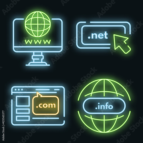 Domain icons set. Outline set of domain vector icons neon color on black