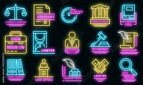 Lawyer icons set. Outline set of lawyer vector icons neon color on black