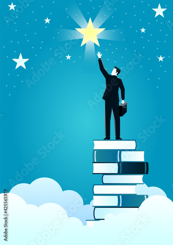 vector illustration of a businessman reach out for the stars by using books as the platform. describe reach successful in business. business concept illustration