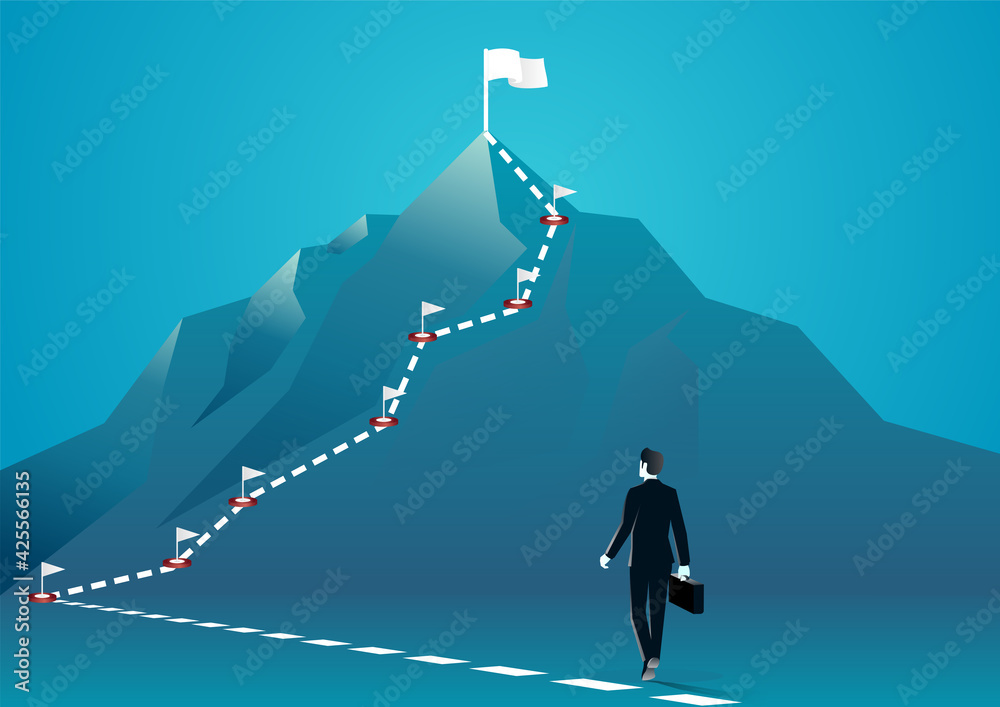 vector illustration of a businessman walking at the top of mountain ...