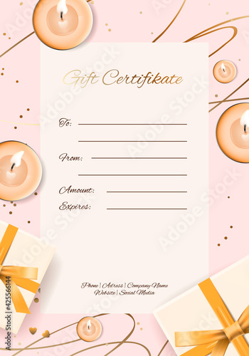 Gift certificate card - modern gift sertificate card template. Voucher or gift card with gifts, candles pattern. Design for shop, beauty salon, spa. Vector image