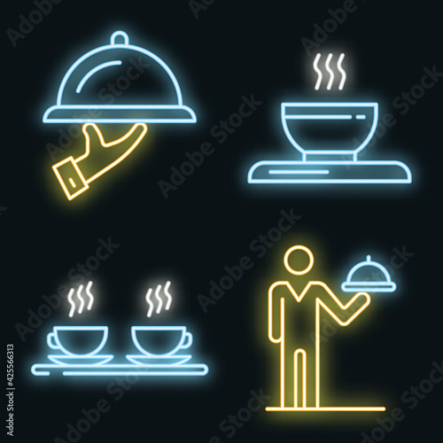 Waiter icons set. Outline set of waiter vector icons neon color on black