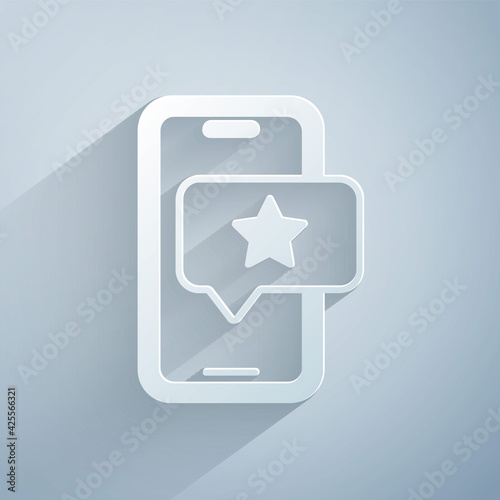 Paper cut Mobile phone with review rating icon isolated on grey background. Concept of testimonials messages, notifications, feedback. Paper art style. Vector