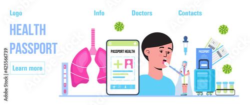 Health passport concept vector foe web, header. Vaccine, immunity passport app. Doctors wearing medical masks, disinfectant gloves washing hands. Travel rules in COVID-19 pandemic.