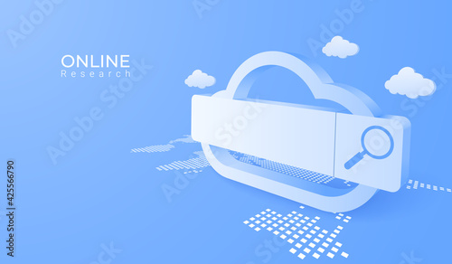 3D digital cloud computing technology background. Online searching service with magnifier. vector art illustration