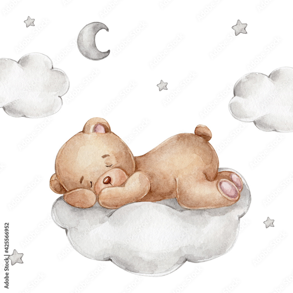 Cute little bear sleeping on the cloud; watercolor hand drawn ...