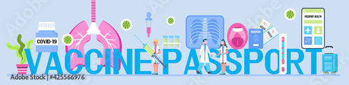 Health passport concept vector foe web, header. Vaccine, immunity passport app. Doctors wearing medical masks, disinfectant gloves washing hands. Travel rules in COVID-19 pandemic.
