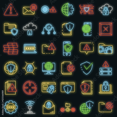 Firewall icons set. Outline set of firewall vector icons neon color on black