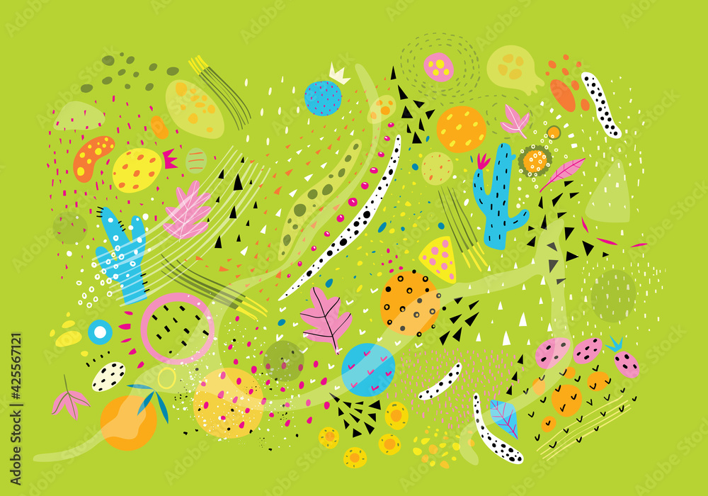 Abstract collection of modern shapes and elements for cooking food design, fun and colorful collage of cooking spicing and ingredients including spring onion and cactus. Vector design.