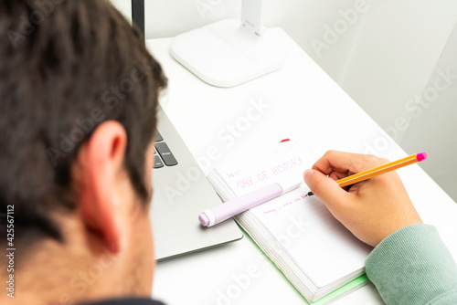 Caucasian boy concentrating on studying