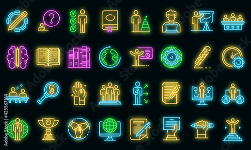 Staff education icons set. Outline set of staff education vector icons neon color on black