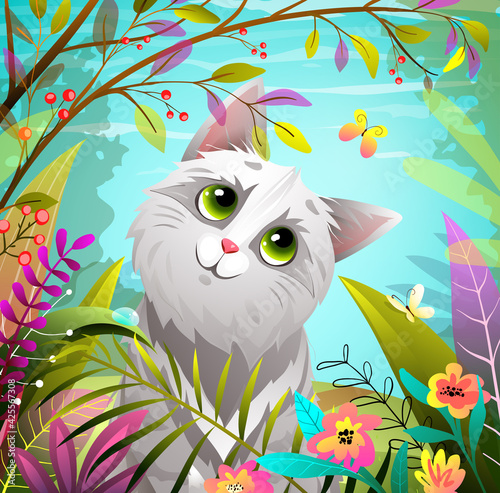 Cat playing in nature park or forest with butterfly. Adorable kitten in the wild nature background cartoon for kids. Vector cartoon character design.