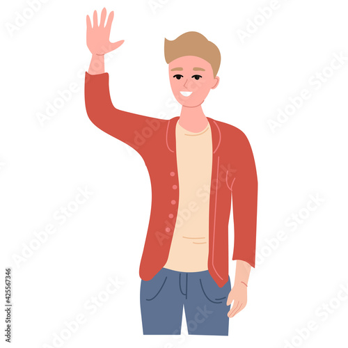Friendly nonverbal greeting gesture concept. Cheerful, smiling, cute young blond guy waving hand, saying hi, hello, goodbuy, meeting people, welcoming, salutation symbol. Cartoon flat vector