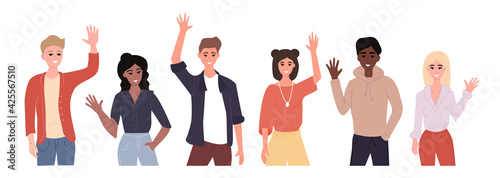 Different nations representatives waving hand saying hi. Portrait of multi-ethnic men and women standing together. Colored flat cartoon vector illustration isolated on white background 
