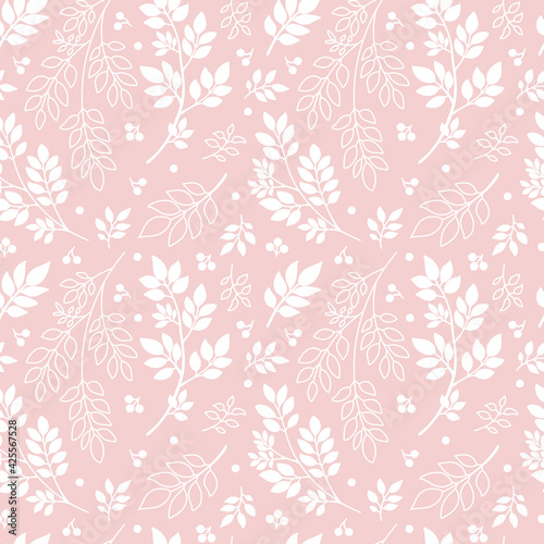 White tree branches on pink background. Abstract Plants  silhouette and outline Twigs with Leaves. Floral seamless pattern  vector texture for fashion textile print  scrapbooking  wrapping  gift paper