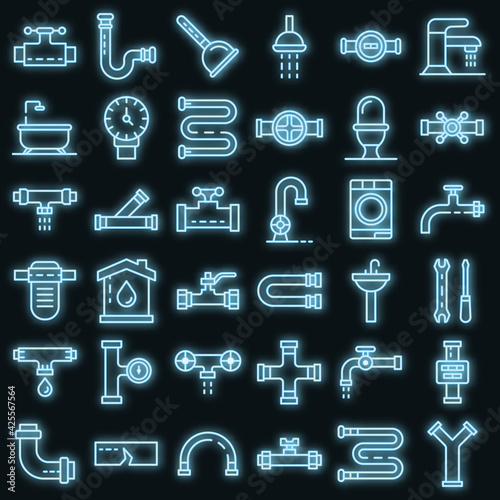 Plumbing icons set. Outline set of plumbing vector icons neon color on black
