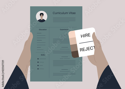A biased HR manager using a skin tone palette to hire or reject a job applicant, racism at work