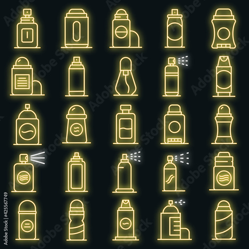 Deodorant icons set. Outline set of deodorant vector icons neon color on black