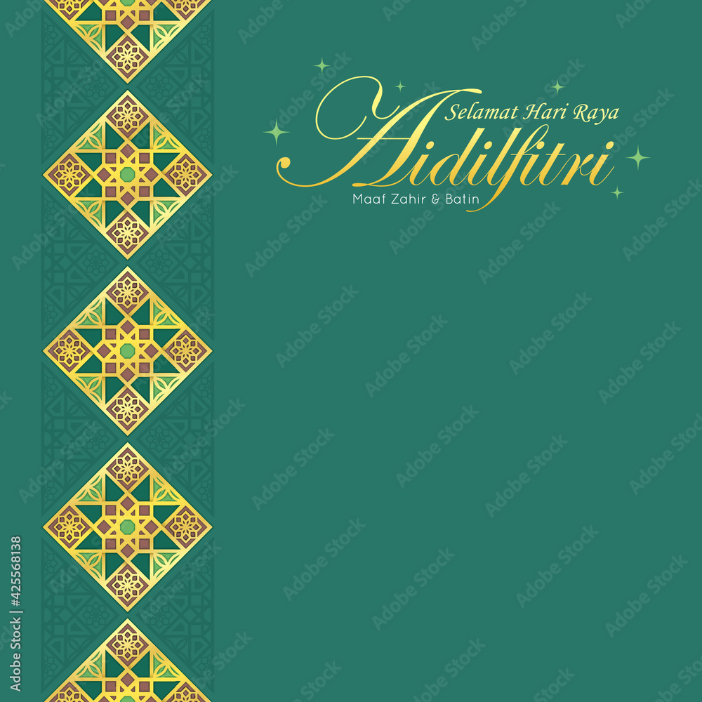 Selamat Hari Raya Aidilfitri greeting template. Modern morocco islamic  motif in gold color. Arabic geometric pattern design on green background.  (translation: Fasting Day celebration) Stock Vector