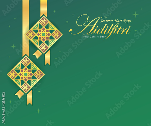 Selamat Hari Raya Aidilfitri greeting template. Gold line art ketupat symbol flat design. Modern morocco islamic motif. Arabic geometric pattern design. (translation: Fasting Day celebration)