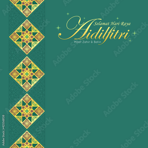 Selamat Hari Raya Aidilfitri greeting template. Modern morocco islamic motif in gold color. Arabic geometric pattern design on green background. (translation: Fasting Day celebration)