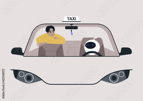 Autonomous vehicle concept, a cute futuristic robot driving a car with a young male Asian passenger on a back seat