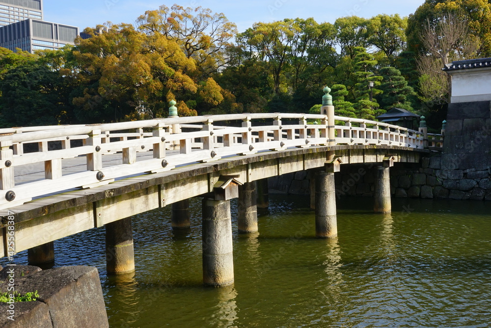 Tokyo, Japan - March 2021: Hirakawa bridge (Hirakawabashi) and gate - 平川橋 皇居
