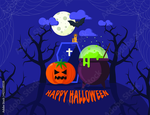 Happy Halloween greeting card. Potion-making on a terrifying hill. Flat illustration