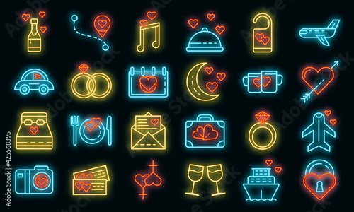 Honeymoon icons set. Outline set of honeymoon vector icons neon color on black