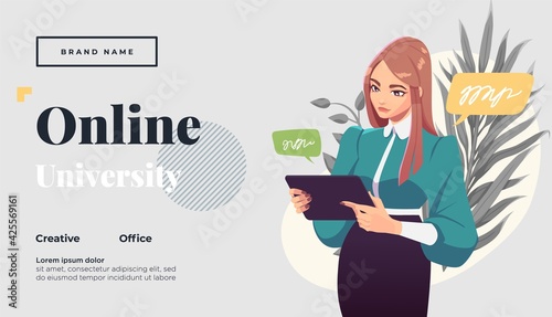 Landing page template for online courses, distance education, Internet studying, training. Yong female teacher having a lesson. Vector illustration
