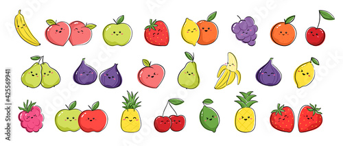 Collection of fruits expressing positive emotions. Vector set of drawings with cute fruits and berries in kawaii style.