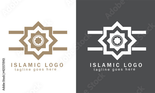 Islamic badge logo design vector. Luxury ornament logo template. Design in light brown and white colors