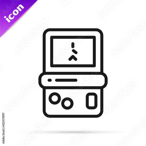 Black line Portable tetris electronic game icon isolated on white background. Vintage style pocket brick game. Interactive playing device. Vector