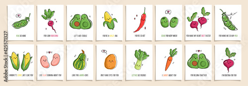 Set of greeting cards Punny veggies with cute veggies and funny phrases. Collection of postcards with kawaii veggy and puns. Vector cartoon illustration