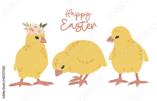 Abstract Easter chickens set, boho Easter chickens, Easter chicks decoration, traditional elements, Happy Easter vector card