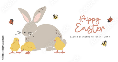 Abstract Easter bunny, boho rabbit, Easter chicks decoration, traditional Easter elements, Happy Easter vector card