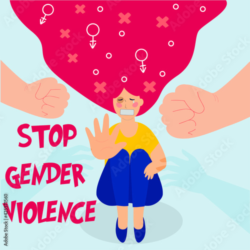 Character girl getting abused verbally and physically. Stop bullying women banner. Depressed young woman victim of bullying and criticism background. Stop domestic gender violence concept. Vector.