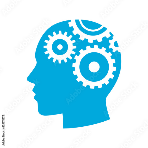 Human head gears tech logo, Cogwheel engineering technological inside brain, Artificial intelligence, Simple flat design icon symbol, Isolated on white background, Vector illustration