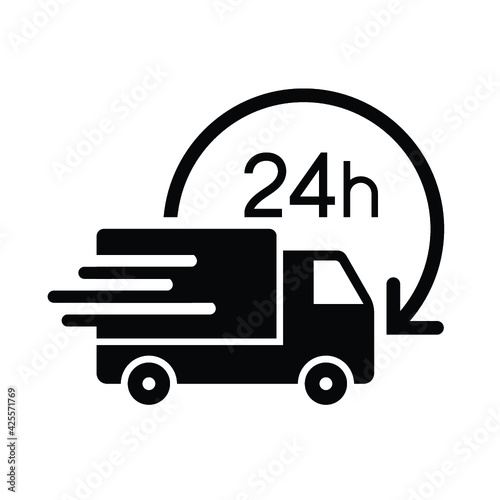 Shipping fast delivery 24h truck with arrow clock icon symbol, Pictogram flat design for apps and websites, Isolated on white background, Vector illustration