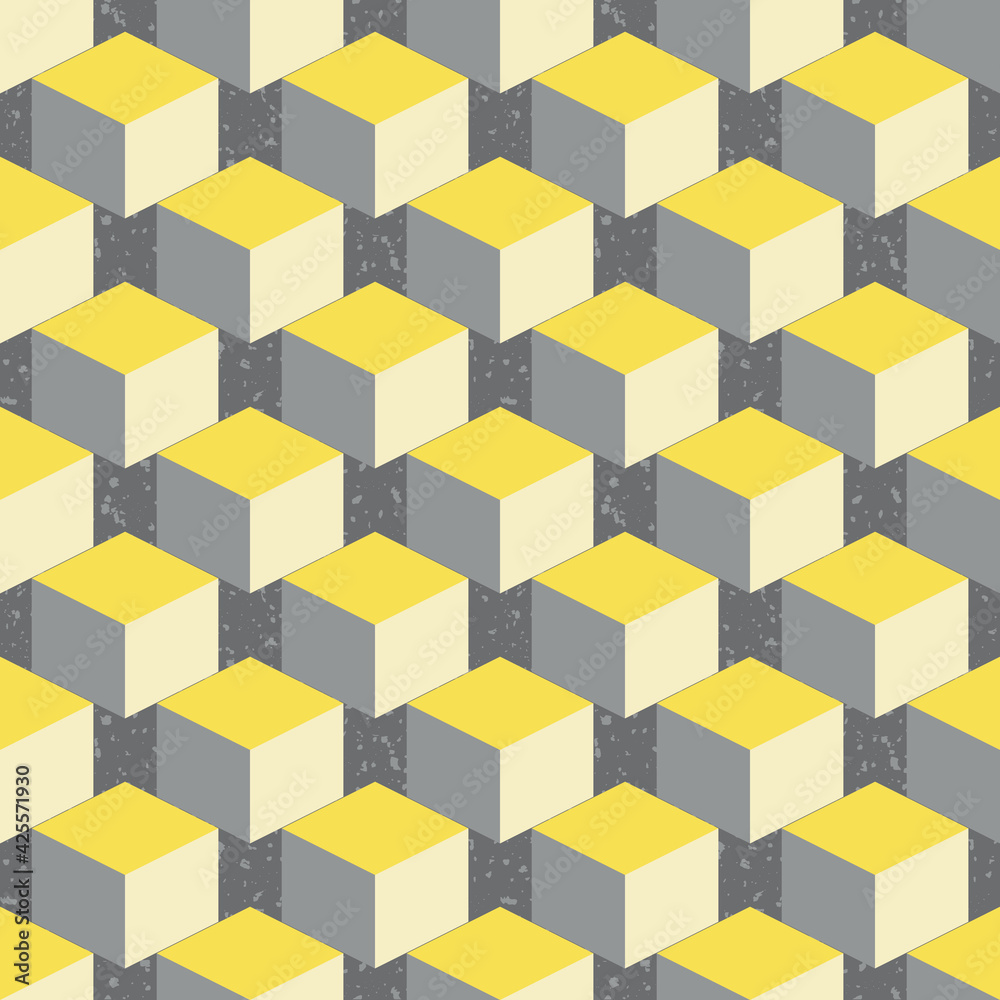 Obraz premium 3D isometric cube vector seamless pattern background. Diagonal rows of yellow grey cubes on textured terrazzo backdrop. Abstract design with geometric shapes. Staircase layout. Repeat for business