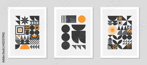 Set of abstract bauhaus geometric pattern backgrounds.Trendy minimalist geometric design with simple shapes and elements.Mid century modern artistic vector illustrations.Scandinavian ornament.