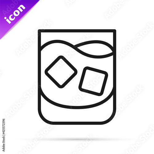 Black line Glass of whiskey and ice cubes icon isolated on white background. Vector