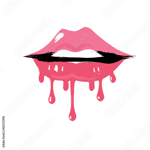 Red dripping lips painting icon. Clipart image isolated on white background