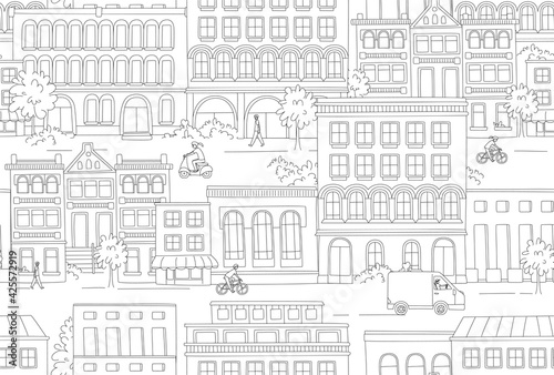 Cityscape, houses, buildings, street with pedestrians, traffic. Seamless background pattern