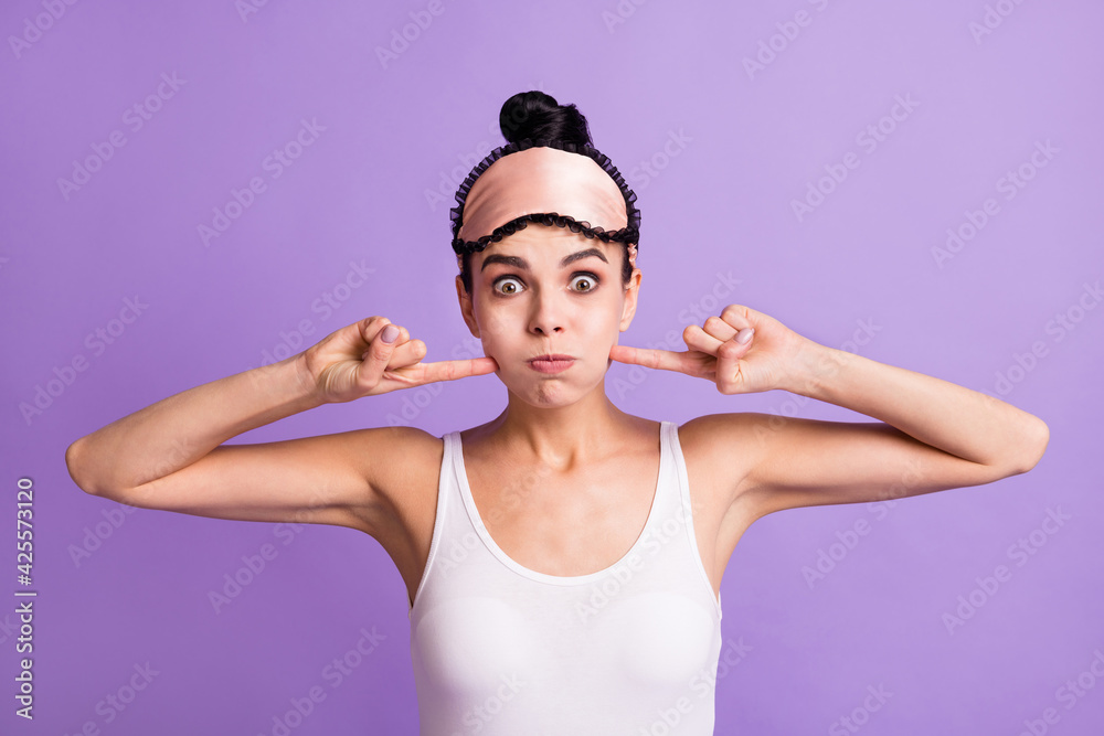 Photo of shocked amazed crazy funky girl hold breath point fingers cheeks wear pajamas isolated on purple color background Photo of shocked amazed crazy funky girl hold breath point fingers cheeks wear pajamas isolated on purple color background