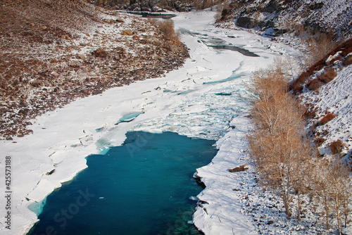 Ice on the river floating ice floes of the river are being released spring has come in the Altai mountains Katun river